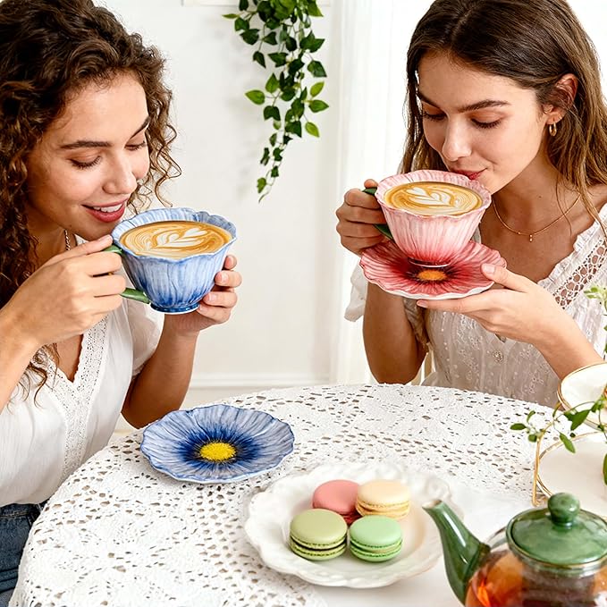 JUSONEY 10 oz Tea Cups and Saucers, Ceramic Flower-shaped Cappuccino Cup, Latte Cup and Saucer set, elegant floral Espresso Cup set, cups are microwave and dishwasher safe-Blue