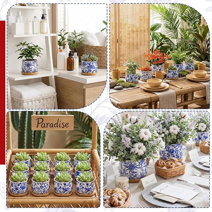12 Pcs 3" Ceramic Chinoiserie Succulent Plant Pot Blue and White Porcelain Planter with Bamboo Tray Drainage Hole Mini Chinese Flower Jardiniere for Cactus Herbs Home Office Indoor Decor