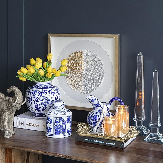 A&B Home Blue and White Porcelain Flower Vase, Ceramic Vase for Home Decor, Bedroom Living Room Console Table Accent, 9" x 9" x 9"
