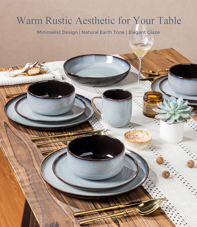 LeRATIO Ceramic Dinnerware Set of 4, Poreclain Plates, Bowls, Handmade Reactive Glaze Dishes, Chip Resistant, Oven & Dishwasher Safe, Service for 4-Gray White