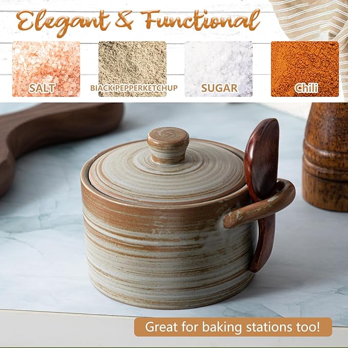 Honeydak Speckled Ceramic Salt Cellar with Lid and Wooden Spoon, Rustic Farmhouse Salt Pepper Cellar Holder for Valentines Day,Housewarming Gift, Heavyweight Spices Jar(Threaded Brown,1 Set)