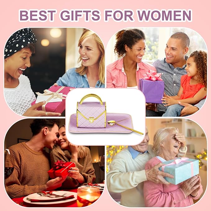 Zubebe 1 Set Coffee Mug Elegant Handbag Shaped Cup Mother's Day Modern Ceramic Purse Mug with Spoon and Saucer, 10oz Cute Creative Tea Cup for Woman Girls Gift (Purple)
