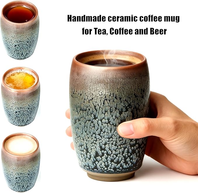 Porcelain Coffee Mug 12 oz, Brilliant Floral Glaze Jianzhan Tenmoku Tea Cup, Handmade Cylindrical Ceramic Mug with no Handles for Coffee, Beer and Tea (Hundred Flowers Glaze)