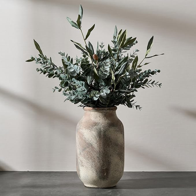 SIDUCAL Rustic Ceramic Farmhouse Flower Large Vase, Whitewashed Terra Cotta Vase, Pottery Decorative Flower for Home Decor, Table, Living Room Decoration, Shelf Decor, Mantel, 9.5 Inch, Terra