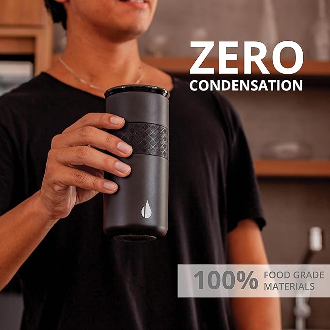Elemental Personalized Artisan Insulated Tumbler, Triple Wall Coffee Travel Tumbler, Reusable Stainless Steel Coffee Tumbler with Ceramic Lid, Thermal Coffee Cup for Hot & Cold 16oz - Matte Black