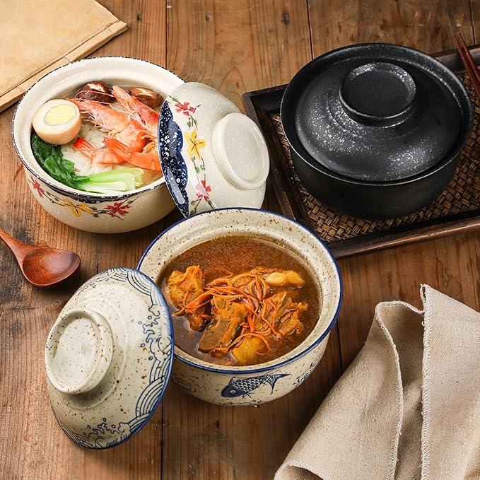VanEnjoy Microwavable Ramen Bowl with Lid, 25 Oz Japanese Bowl Big Ceramic Japanese Soup Bowl with Lid, Korean Clay Pot - floral