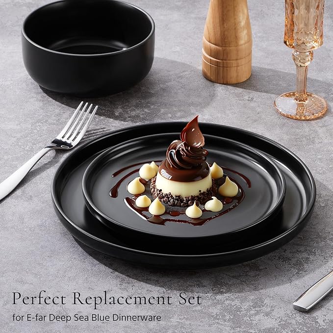 E-far 8” Ceramic Salad Plates Set of 6, Stoneware Dishes Dessert Plate for Home Kitchen Restaurant, Microwave & Dishwasher Safe – Matte Black