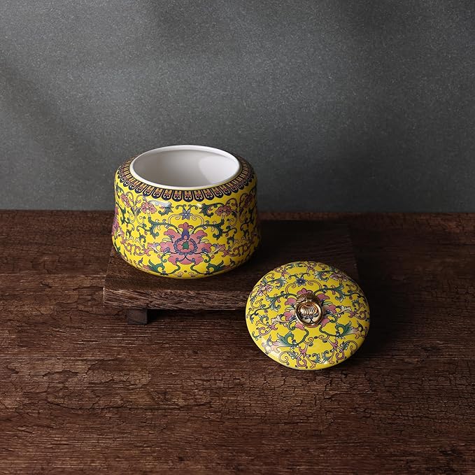 Handmade Chinoiserie Enamel Ginger Jar with Lid,Decorative Storage Jar for Loose Tea,Nuts & Snacks,Ceramic Vase Style Home Decor Canister,Colorful Jar for Kitchen,Living Room (Yellow Jar)
