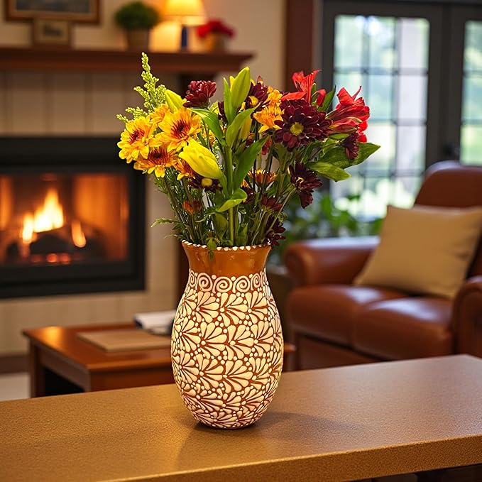 Brown & White Talavera Vase | Handcrafted Relief Pottery