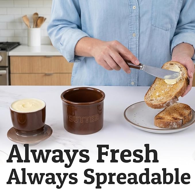 PriorityChef Butter Crock with Lid with Water Line,Ceramic French Butter Dish to Leave On Counter, Chocolate Brown