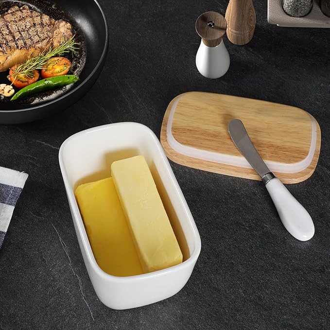 GDCZ Large Ceramic Butter Dish for Countertop - Butter Keeper with Silicone Sealing, Natural Wooden Lid and Stainless Steel Knife, Kitchen Decor for Kitchen Gifts (White Larger Capacity)