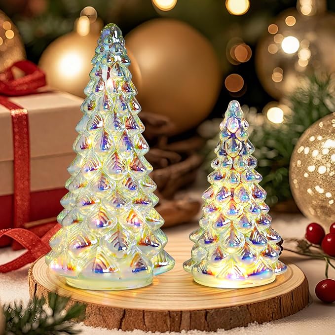 VCUTEKA Small Tabletop Christmas Tree with Light White Mercury Glass Christmas Tree Battery Operated Mini Xmas Tree for Fireplace Bathroom Table Xmas Holiday Decor 8" 12", Set of 2