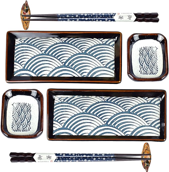 Artcome 8 Piece Japanese Style Ceramic Sushi Plate Dinnerware Set for Wedding Housewarming - 2 Sushi Plates, 2 Sauce Dishes, 2 Pairs of Chopsticks, 2 Chopsticks Holders