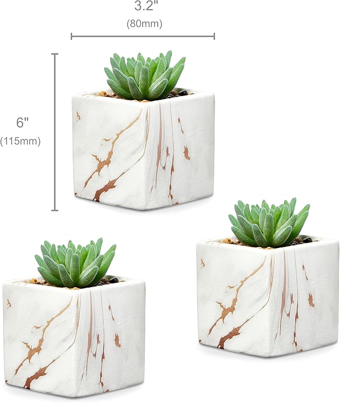 Nordik Square Marble Pots with Gold Vein Accents - Set of 3 - Modern Office and Home Decor - Lifelike Faux Plants - Artificial Desk Plants for Office and Bathroom - Mini Indoor Cactus