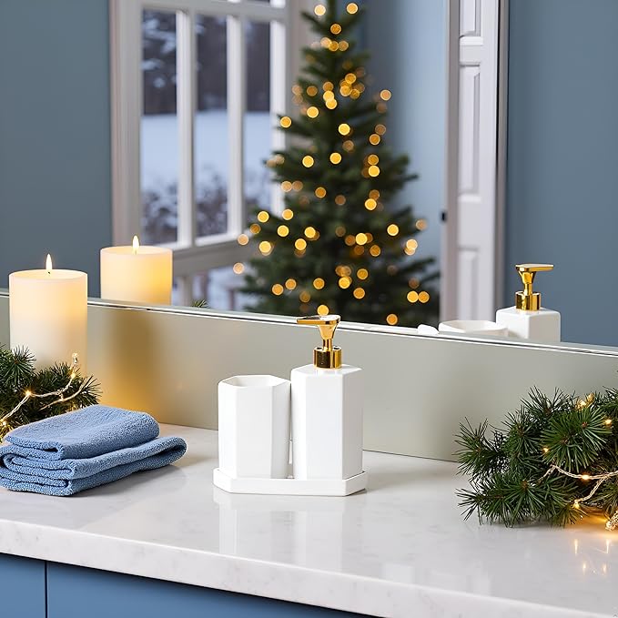 Ceramic Bathroom Accessories Complete with Soap Dispenser, Toothbrush Holder, Bathroom Tumbler, and Vanity Tray - Modern Bathroom Decor,3PCS (Gold)