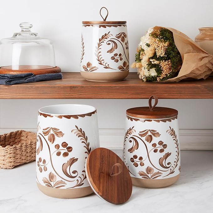 TTU Tabletops Gallery Ceramic Canister Collection- Stoneware Designed Kitchen Storage Acacia Wood White Set, 3 Piece Botanical Brown Canister Set