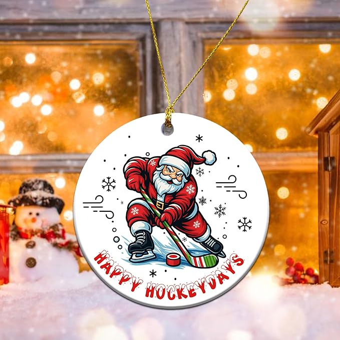Ice Hockey Christmas Ornament -Round Ceramic 3", Holiday Tree Decoration Keepsake, Hockey Player Christmas Gifts for Boys Girls