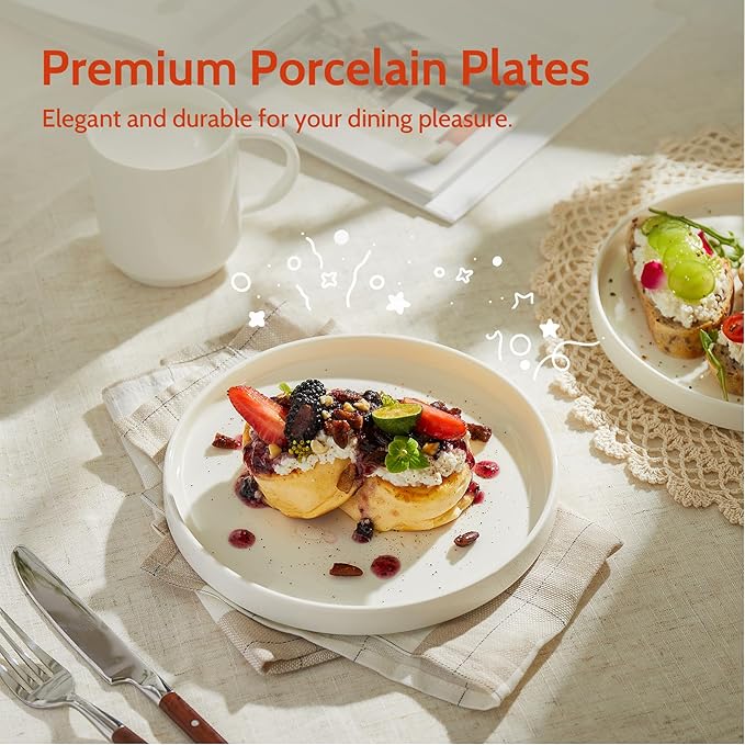 Sweese Porcelain Flat Dessert Plates Set of 6-7.8 Inch Salad Plates for Kitchen, Small Appetizer, Small Dish Set, Microwave & Dishwasher Safe, Scratch Resistant - Elegant White Glaze