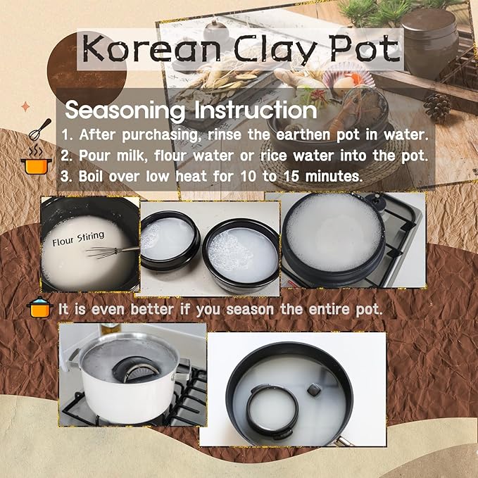 [Petalite Mineral, Retro Design] Korean Earthenware Pot Ttukbaegi, Ceramic Clay Cooking Pot Casserole, Heat Resistant Ceramic Pot, Zero-Crack Stone Bowl Stockpot Soup Cookware (Large)