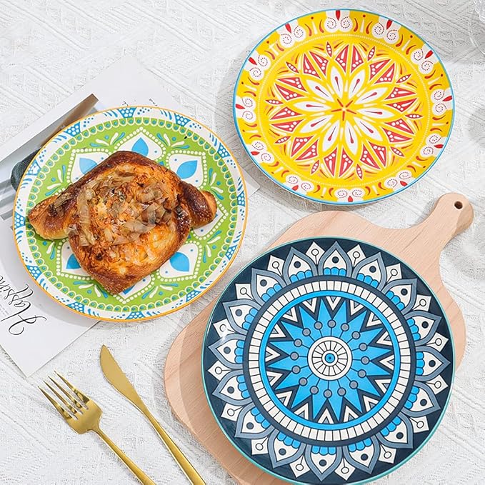 Dessert Plate Set of 6-8 Inch Ceramic Salad and Appetizer Plates - Vibrant Mix-and-Match Colors - Dishwasher and Microwave Safe