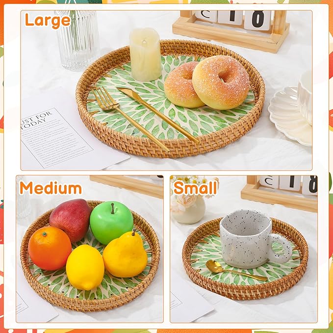 3 Pack Round Rattan Tray with Mother of Pearl Inlay, Decorative Boho Woven Basket Trays for Breakfast Tea Snack Fruit Coffee