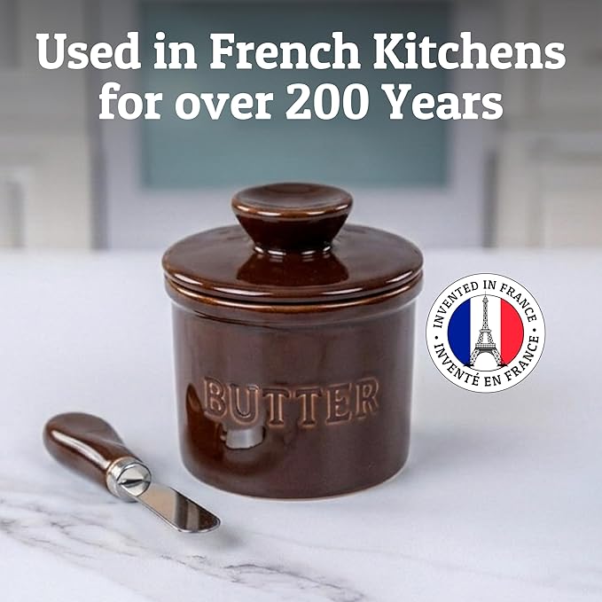 PriorityChef Butter Crock with Lid with Water Line,Ceramic French Butter Dish to Leave On Counter, Chocolate Brown