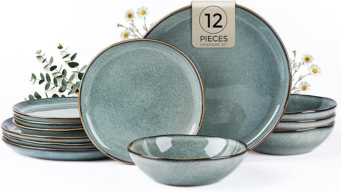 AmorArc Ceramic Dinnerware Sets,Handmade Reactive Glaze Stoneware Plates and Bowls Sets,Highly Scratch Resistant | Dishwasher & Microwave Safe Dishes Set,Service for 4 (12pc)