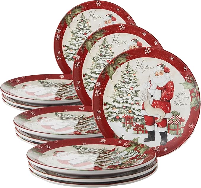 Holiday Wishes Christmas Dinner Plates Set of 4 Vintage Santa Claus Ceramic Plates with Peace Love Joy Hope Festive Holiday Dinnerware for Family Meals & Entertaining (Pack of 3)