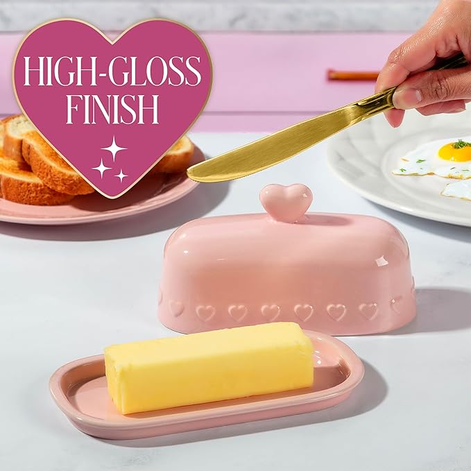 Paris Hilton Heart Knob Butter Dish, Iconic Stoneware With Heart Detailing, Microwave Safe & Dishwasher Safe, 2-Piece Set, Pink
