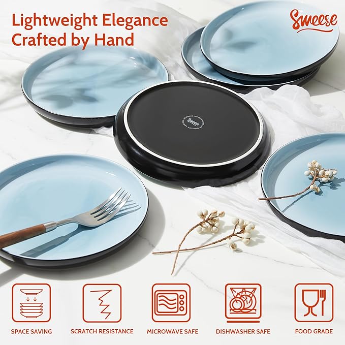 Sweese Porcelain Dessert Plates, 7.4 Inch Lightweight Round Salad Plates Set of 6, Small Appetizer, Small Kitchen Dish, Microwave & Dishwasher Safe, Scratch Resistant Plates set, Black & Blue