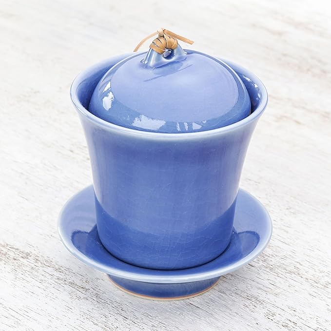 NOVICA Blue Ceramic Soup Cup Lid And Saucer Set, Cup Of Comfort In Blue'