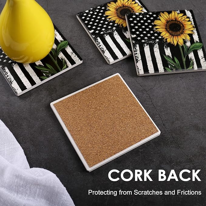 wonlex Ceramic Coasters Absorbent for Drinks, Sunflower Coaster with Cork Base for Coffee Table, Housewarming Gift for Family and Friends, Home Decor, 4 Pack (Black Sunflower)