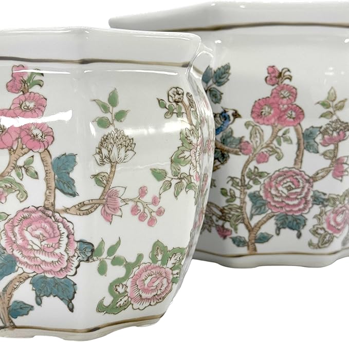 Galt International Multi Color Peony Round Fluted Floral Porcelain Ceramic Plant Flower Planter Pot Set of 3 (7.5", 10", 13") Garden Pots Chinese Asian Design Pink Blue Green