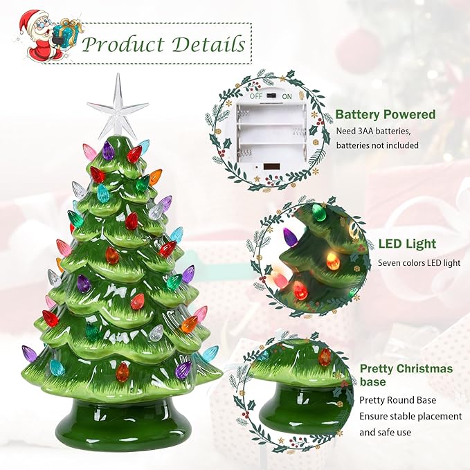 VCUTEKA Small Ceramic Christmas Tree Hand-Painted Vintage Tabletop Green Christmas Tree Holiday Decoration with Multi-Color Lights Xmas Trees 12 inch