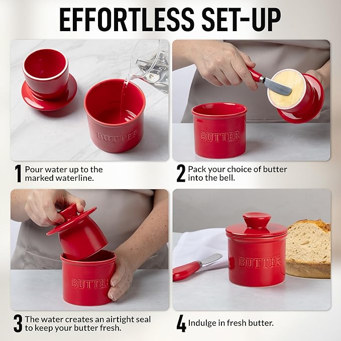 Zulay Kitchen Bell Shaped Butter Crock with Lid for Countertop with Water Line & Spreader Knife, Ceramic French Butter Dish Keeper For Fresh, Soft & Spreadable Butter - Red