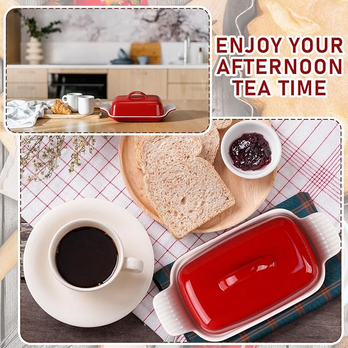 Qinyoung Ceramic Butter Dish with Lid for Countertop Extra Large Elegant Butter Dish Tray with Handle Durable Heavyweight Glazed Ceramic Kitchen Container Keeper Non-slip Base Minimalist(Red)