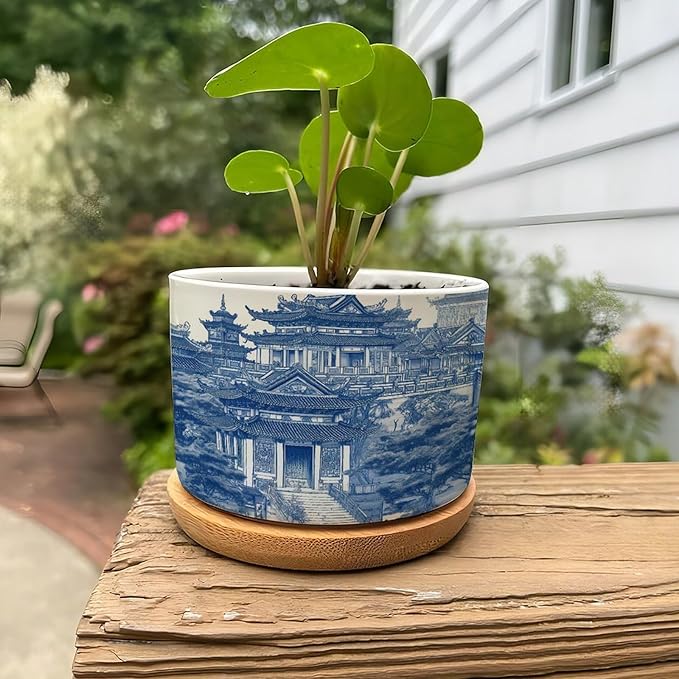 Planters Ceramic Chinoiserie Blue And White Porcelain Pattern Ceramic Pots with Drainage Holes Round Flowerpot Bamboo Tray Plant Pots for Succuelnt And Little Snake Plants Pots for Nana Grandma