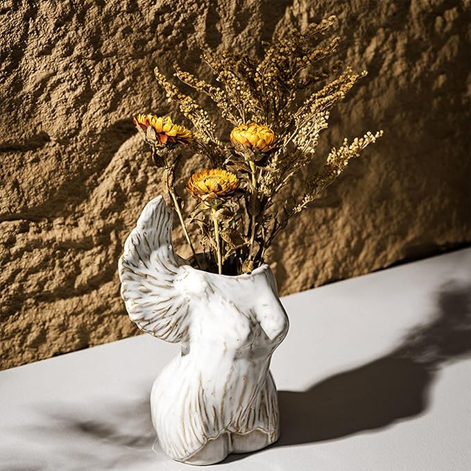 Art Vase, Sculptural Ceramic Vases for Home Decor, Handcrafted Wabi-Sabi Style Female Torso Vase with Single Wing and Textured Gradient Glaze, Modern Minimalist Decoration, Unique Gift Idea