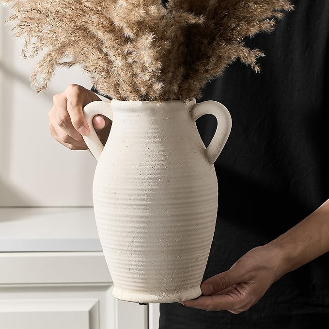 Emotionally Grounded Vase, Vaseking Large Ceramic Rustic Vase with 2 Handles, 9.8 inch Minimalist Decorative Farmhouse Tall Vases for Home Decor, Living Room, Enterway, Table Decoration, Off White