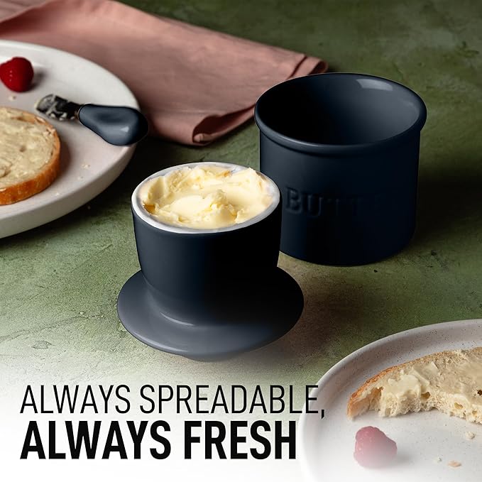 Zulay Kitchen Bell Shaped Butter Crock with Lid for Countertop with Water Line & Spreader Knife, Ceramic French Butter Dish Keeper For Fresh, Soft & Spreadable Butter - Midnight Blue