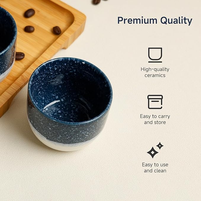 Set of 4 Ceramic Espresso Cups-4 oz, Blue & White Summer Coastline Design, Ideal for Espresso, Coffee, Tea, & More,Small Ceramic Coffee Mugs, Dishwasher & Microwave Safe
