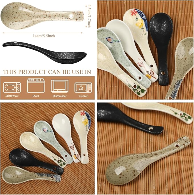 Tioncy Set of 12 Japanese Retro Style Tableware Soy Sauce Dish Set 6 Pcs Asian Soup Spoons 6 Pcs Ramen Appetizer Plates 3.8 Inch Japanese Rice Spoon for Sushi Sauce Snack