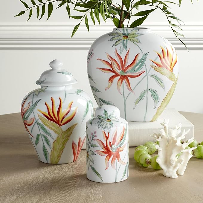 Sensei Red and White 3-Piece Ceramic Vase and Jar Set - Dahlia Studios