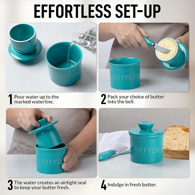 Zulay Kitchen Bell Shaped Butter Crock with Lid for Countertop with Water Line & Spreader Knife, Ceramic French Butter Dish Keeper For Fresh, Soft & Spreadable Butter - Turqoise