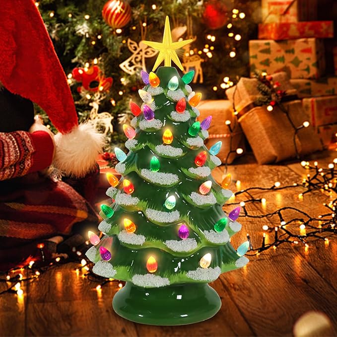 VCUTEKA Small Ceramic Christmas Tree Hand-Painted Vintage Tabletop Green White Christmas Tree Holiday Decoration with Multi-Color Lights Xmas Trees 12 inch