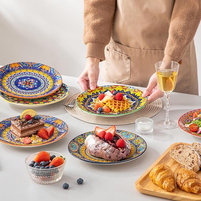 vancasso Colorful Dessert Plates Set of 6, 8.5 Inch Ceramic Salad Plates, Boho Small Dinner Plates, Bohemian Printed Kitchen Plate for Breakfast, Microwave & Dishwasher Safe Dishes, Series KRVI