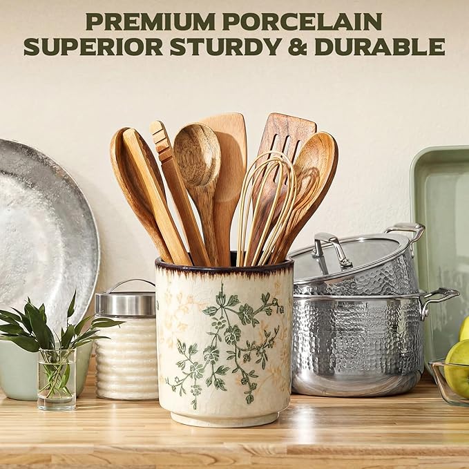 Kitchen Ceramic Utensil Holder Rustic 5.5" Green Floral Utensil Crock for Countertop Tuscany Cooking Tools Storage Caddy for Spatula Spoon Farmhouse Decor Housewarming Gift