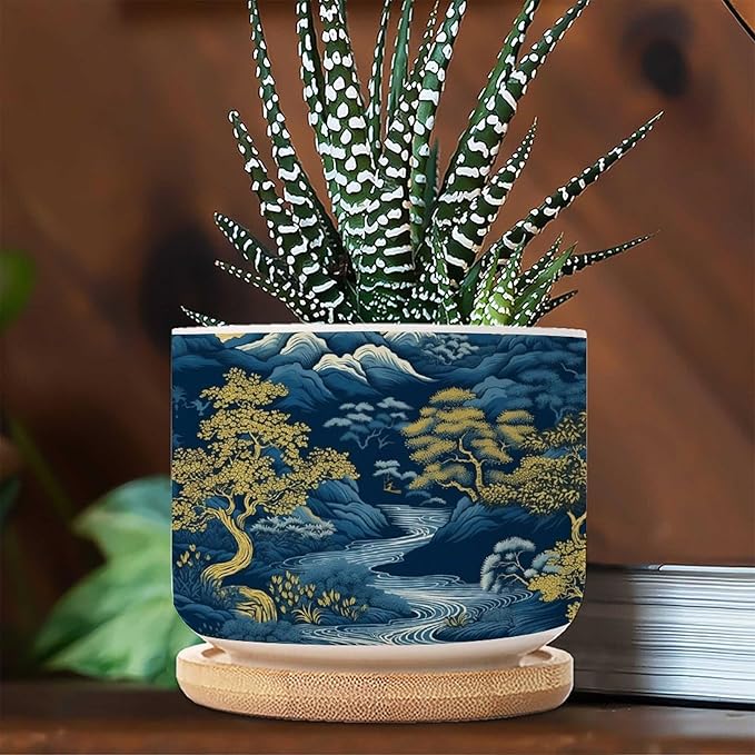 5 Piece Blue Indigo and Gold Asian Scenery Small Ceramics Planters Chinoiserie Chic Asian Succulents Pots with Drainage Bamboo Trays Navy Blue Mountain Ceramics Pots for Plants