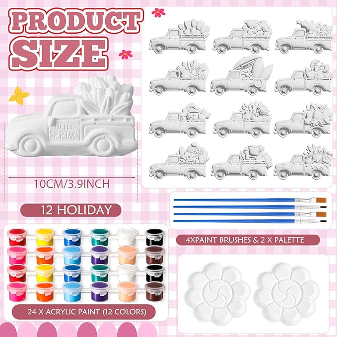 Kolldenn 12 Pcs Holiday Gnome Truck Vase Painting Kit Ceramics to Paint Your Own Statues DIY Statues with 24 Acrylic Paint 4 Brushes 2 Palette Unpainted Crafts for Christmas Winter(Truck)