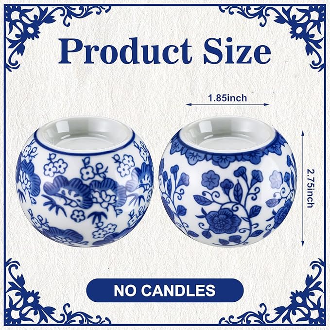 Soaoo 2 Pack Blue and White Candle Holders Chinoiserie Decor Porcelain Tealight Candleholders Votive Candle Holders for Holiday, Wedding, Party Table Centerpiece Home Decor, 1.85 x 2.75